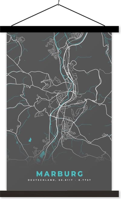 Posterhanger incl. Poster 120x180 cm - Schoolplaat - Stadskaart – Kaart – Marburg – Blauw – Duitsland – Plattegrond - Textielposter - Zwarte latten - Stadskaart