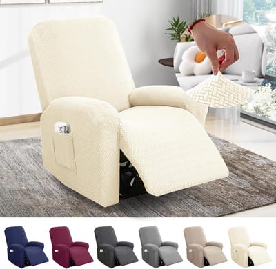 Stretch Hoes voor 1 Zits Stoel met Zakjes, Jacquard Bescherming voor Relaxstoel en TV Stoel - Beige, 4 Stuks