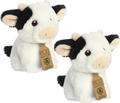 Aurora Pluche koe - 2x - zwart/wit - 13 cm - knuffeldier koe - boerderijdieren Knuffel