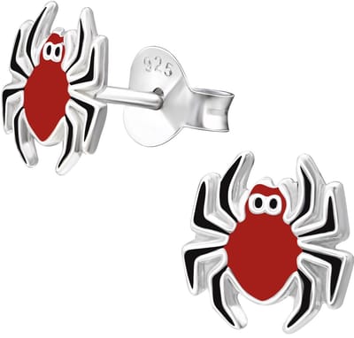Joy|S - Zilveren spin oorbellen - 7 mm - rood zwart - kinderoorbellen