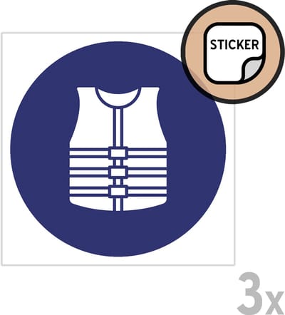 Pictogram/ stickers (3x) | Reddingsvest verplicht | 10 x 10 cm | Zwemvest | Watersport | Kajak | Kano | Boot | Roeien | Vest | Jachthaven | Sticker | 3 stuks
