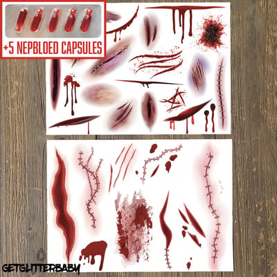 GetGlitterBaby® - 2 Tattoos + Nep Bloed Capsules / Halloween Horror Decoratie Versiering Wonden / Carnaval Schmink Make Up Plak Tattoo / Tijdelijke Tattoo / Nep Tatoeage + Vloeibaar Dik Rood Bloed / Nepbloed / Nep Wond / Fake Kunst Blood + 5 Capsules