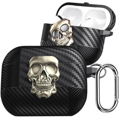 3D Angst Skull Carbon Fiber Beschermhoes voor AirPods 4 - Schokbestendig met Draaibaar Slot en Karabijnhaak