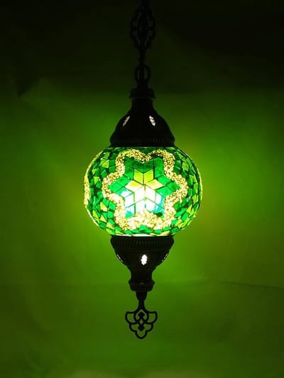 Oosterse lamp - hanglamp van handgemaakt glasmozaïek - ø 12 cm - messing beslag - lengte 80 cm