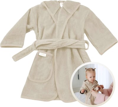 Funnies Badjas Ecru 0-12 Baby Badjas, Badjas Kinderen, Peuterbadjas - 100% Katoenen Badstof - Zacht en Absorberend - Perfect na Zwemmen, Douchen of Badderen - Ideaal als Cadeau voor Baby’s en Kinderen