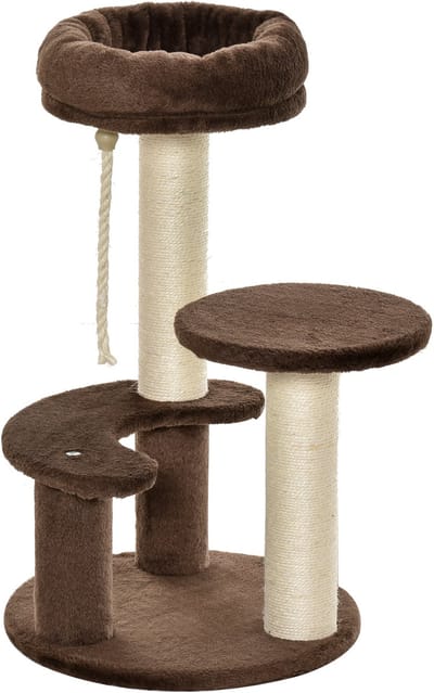 Killogood Driedelige krabpaal voor katten met platformen - ligplek en sisalpalen - kattentoren met pluchebekleding - Ø40 x 65 cm - bruin