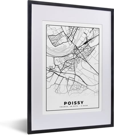Fotolijst incl. Poster Zwart Wit- Plattegrond – Kaart – Frankrijk – Poissy - Stadskaart - Zwart wit - 30x40 cm - Posterlijst
