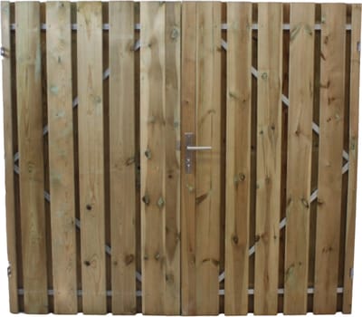 Schuttingdeur dubbele tuinpoort grenen inclusief stalen frame en cilinderslot 300 x 180 rechtsdraaiend