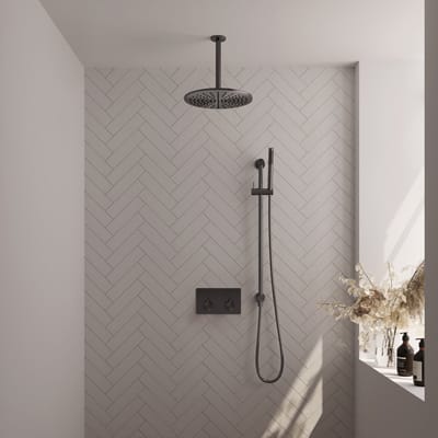 Brauer Gunmetal Carving thermostatische inbouw regendouche met drukknoppen SET 66 met 30 cm douchekop en plafondarm en staaf handdouche en doucheslang en geïntegreerde glijstang gunmetal geborsteld PVD