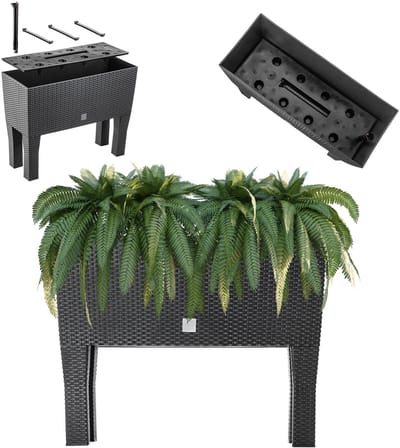 KADAX Bloempot op poten, verhoogd bloembed van kunststof in 2 maten, plantenbak in rotanmotief, bloembak voor tuin, balkon, terras, plantenbak, kruidenbed, 60 cm, antraciet
