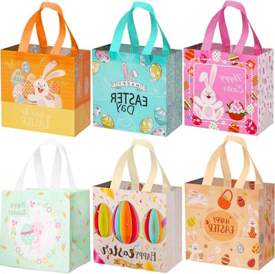 Herbruikbare Pasen Goodie Bags - 6 Pack Waterdichte Non-Woven Bakken met Bunny Egg Prints voor Cadeauverpakking en Feestdecoratie