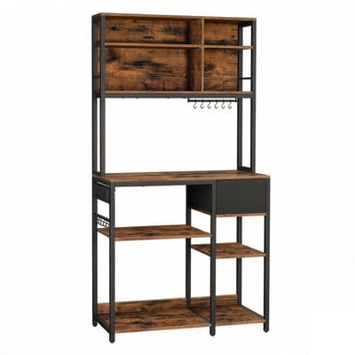 Keukenopbergkast Met open opbergvakken, stopcontact, verstelbare planken, stoffen lade, 12 haken en ruim werkblad Stevig en duurzaam frame Eenvoudig te monteren en schoon te maken Voor keuken en woonkamer 40x100x180,2 cm Bruin+Zwart