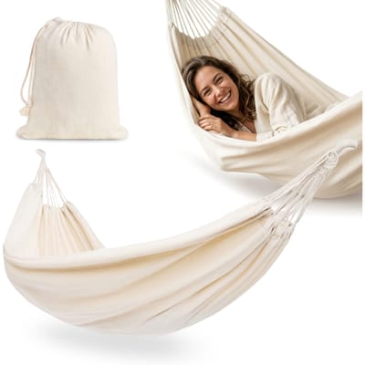 HyperMotion Hangmat Garden Boho Beige Met Hoes, Grote Hangmat Voor Tuin, Terras en Balkon, Licht, Compact, Comfortabel, Ontspanning, Reizen, Picknicks, Katoen, Polyester