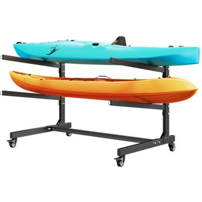 VEVOR Vrijstaande Kajakopbergrek voor 2 Kajaks/Kano'S/Surfplanken/Paddleboards, Kajakstandaard met Vergrendelbare Wielen voor Binnen- En Buitengebruik, Verstelbare Kajakhouder 80 Kg