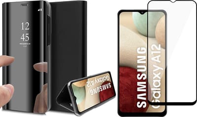 Hoesje geschikt voor Samsung Galaxy A12 - Screen Protector FullGuard - Book Case Spiegel Zwart & Screenprotector