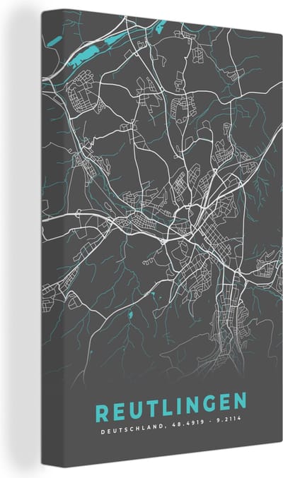 Canvas Schilderij Stadskaart – Kaart – Reutlingen – Blauw – Duitsland – Plattegrond - 20x30 cm - Wanddecoratie