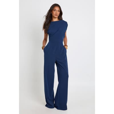 boohoo Dames Lange Asymmetrische Wijde Jumpsuit | Marineblauw | Maat: 34