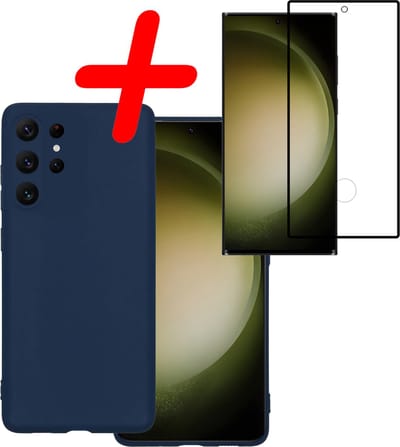 Hoesje Met Screenprotector - Geschikt voor Samsung Galaxy S23 Ultra - Sterk & Shockproof - Back Cover - Siliconen Case - Telefoon Hoes - Donkerblauw