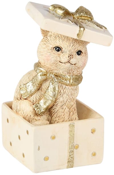 Dekoratief | Poes in cadeautje, wit/goud, resina, 7x7x10cm | A255963