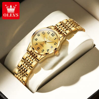 HO-6666L.g : Olevs goudkleurig tourbillon/mechanisch edelstaal dames horloge, goudkleurige wijzers, zwarte grote cijfers, luminiscerend, dagnaam, kalenderdag