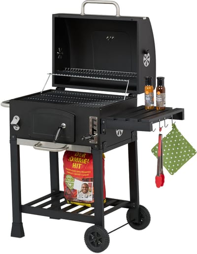 Houtskoolbarbecue - met deksel en wielen - met 2 roosters
