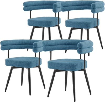 Set van 4 eetkamerstoelen 360° draaibaar in blauwe teddy stof met armleuningen en rugleuningen Keukenstoel ML design