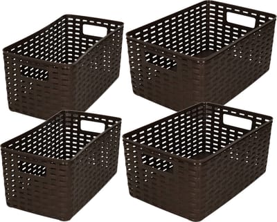 Set van 8x stuks opbergboxen/opbergmandjes rotan donkerbruin kunststof met inhoud 5 en 10 liter