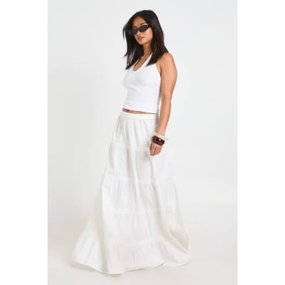 boohoo Dames Petite Gelaagde Katoenen Popeline Maxi Rok | Wit | Maat: 42