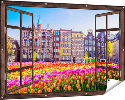 Gards Tuinposter Doorkijk Amsterdamse Huisjes met Tulpen - Kleur - 150x100 cm - Tuindoek - Tuindecoratie - Wanddecoratie buiten - Tuinschilderij