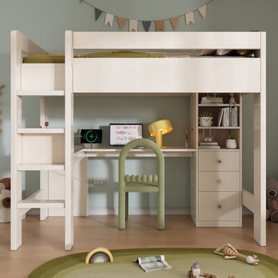 REDOM Hoogslaper 90x200 cm van hout/MDF – Met L-vormig bureau, USB/Type-C, 3 lades en 3 schappen – Wit