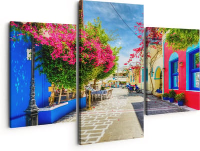Artaza Canvas Schilderij Drieluik Kleurrijke Straat op het Eiland Kos, Griekenland - 150x120 - Groot - Foto Op Canvas - Canvas Print
