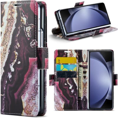 Casemania Hoesje Geschikt voor Samsung Galaxy Z Fold 5 - Magenta Eudialyte - Marmer Portemonnee Book Case