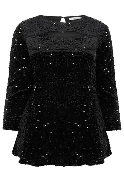 Yours London Zwarte Fluwelen Top Met Pailletten En Sleutelgat Size 42
