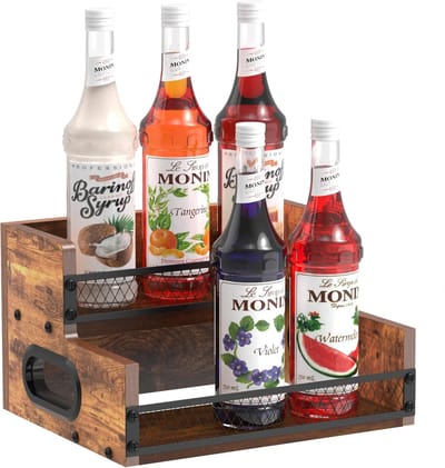 Famanu – Drankfles display plank met 2 niveaus, mini bar wijnrek voor 6 flessen, retro koffiestroop organizer