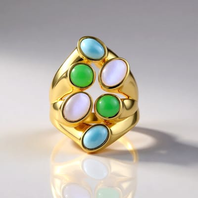 Cavill - Elegante Zilveren Ring 925 Verguld - 3.42 ct Maansteen, Larimar & Chrysopraas - Asymmetrisch Ovaal & Ronde Cabochon Edelstenen