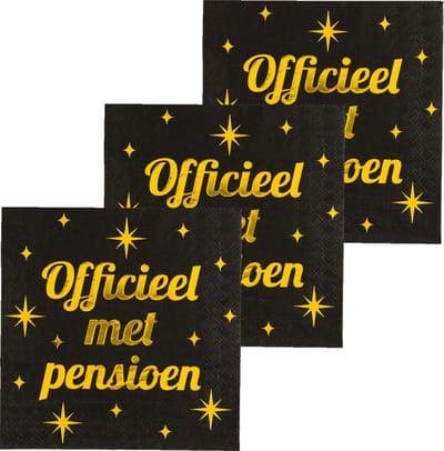 Paperdreams Verjaardag feest servetten - Officieel met Pensioen - 48x stuks - zwart/goud - 33 x 33 cm