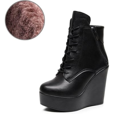 10cm 12cm Kleine Maat 33-43 Mode Platform Sleehakken Schoenen Dames Laarzen Leer Hoge Hakken Motor Enkellaarsjes Kantoor Moeder 35 black