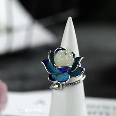 Natuurlijke Hetian Jade Emaille Porselein Lotus Luifel Open Ring Chinese Retro Designer Stijl Origineel Ontwerp Sieraden resizable gray