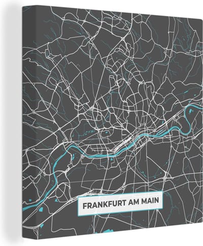 Canvas Schilderij Kaart – Plattegrond – Stadskaart – Frankfurt am Main – Duitsland – Blauw - 20x20 cm - Wanddecoratie