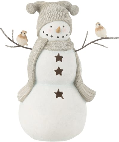 J-Line figuur Sneeuwman vogels - polyresin - wit/grijs - small
