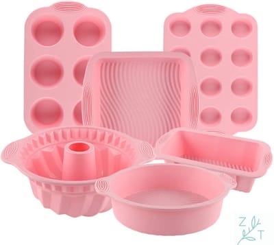 ZijTak - Bakset - 6-delig - cakevorm - tulband - spiraalcake - muffinvorm - cupcakevorm - brownievorm - vierkant bakvorm - taartvorm -  - muffin - cupcake - cake - taart - gebak - brownie - vierkant - roze