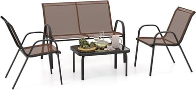 COSTWAY 4-delige tuinmeubelset, balkonmeubels, terrasmeubels, zitgroep, zitgroep voor 4 personen, tuingarnituur incl. 2 stoelen, bank & tafel, voor balkon, terras, tuin (bruin)