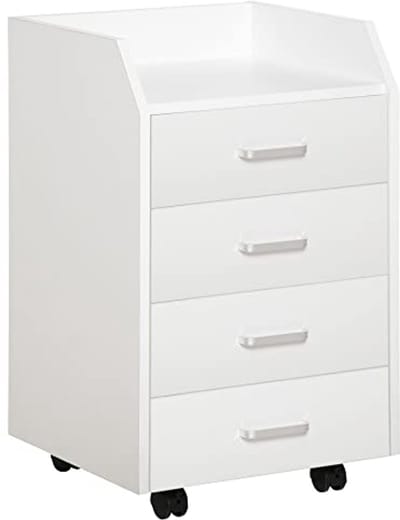 Bureaukast met wielen en 4 schuifladen - Wit MDF en Spaanplaat - Compact en Functioneel