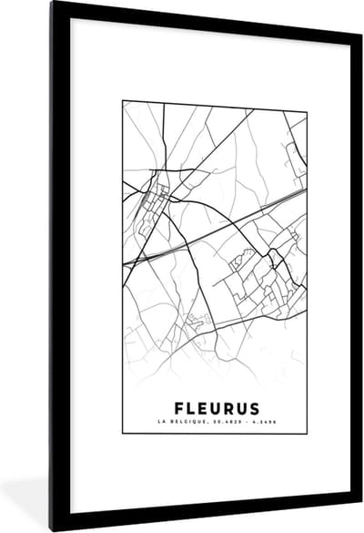 Fotolijst incl. Poster Zwart Wit- Plattegrond – Fleurus – Zwart Wit – Stadskaart - Kaart - België - 60x90 cm - Posterlijst