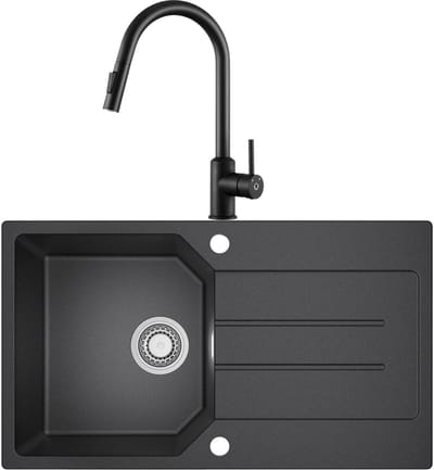ANYCEE MAX Granieten Spoelbakken 78 x 45 cm - Spoelbakken Keuken Met Keukenkraan - Spoelbak Keuken Met Snijplank en Waterafvoersysteem - Zwart