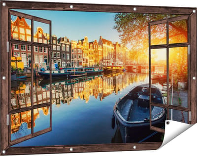 Gards Tuinposter Doorkijk Amsterdamse Gracht bij Zonsondergang - 120x80 cm - Tuindoek - Tuindecoratie - Wanddecoratie buiten - Tuinschilderij