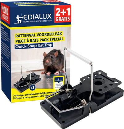 Edialux quick Snap rattenval voordeelpack - 2+1 gratis, slagvaste rattenvallen gemaakt van hoogwaardige kunststof en verzinkte metalen onderdelen, krachtige rattenbestrijding, lange levensduur, gemakkelijk in gebruik