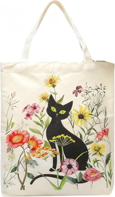 Ruime katoenen tote bag met zwarte kat en wilde bloemen, opvouwbaar, perfect cadeau voor kattenliefhebbers, vrouwen en leraren voor dagelijks gebruik en op kantoor