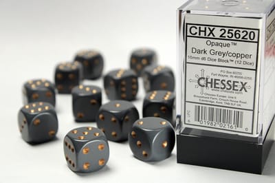Chessex Opaque donkergrijs/koper D6 16mm Dobbelsteen Set (12 stuks).