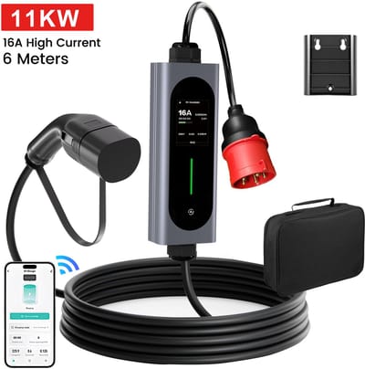 JUNSUN Draagbare 11kW 16A 3-Fase EV APP/WiFi Laadkabel - Type 2 Laadpaal , 6M Kabel + LCD Scherm & Opbergtas - 6A/8A/10A/13A/16A Schakelbaar - IEC62196-2 & IP67